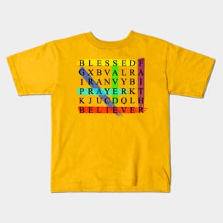 Blessed, Saved, Believer - Colorful Crossword Puzzle Kids T-Shirt